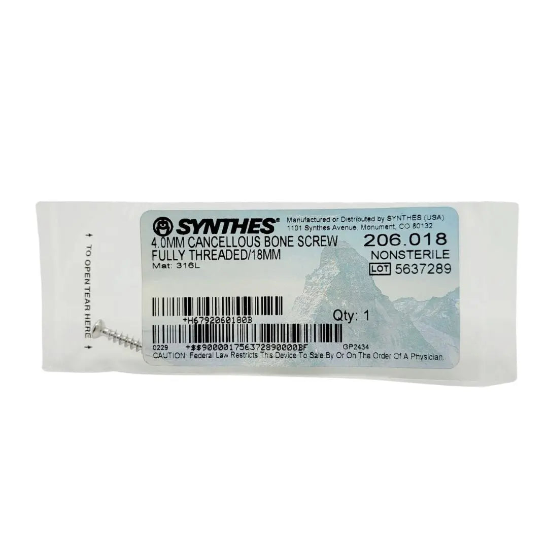 Synthes 206.018 4.0mm Cancellous Bone Screw Fully Threaded 18mm Synthes