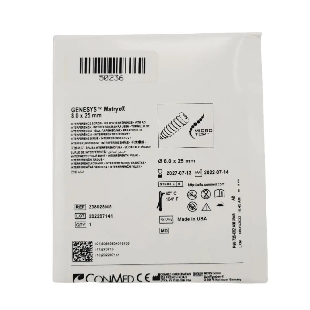 ConMed 238025M5 Genesys Matryx Interference Screw 8 X 25mm ConMed