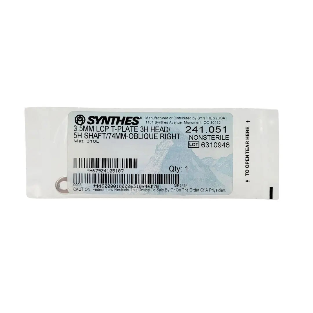 Synthes 241.051 3.5mm LCP T-Plate 3H Head 5H Shaft 74mm Oblique Right Synthes