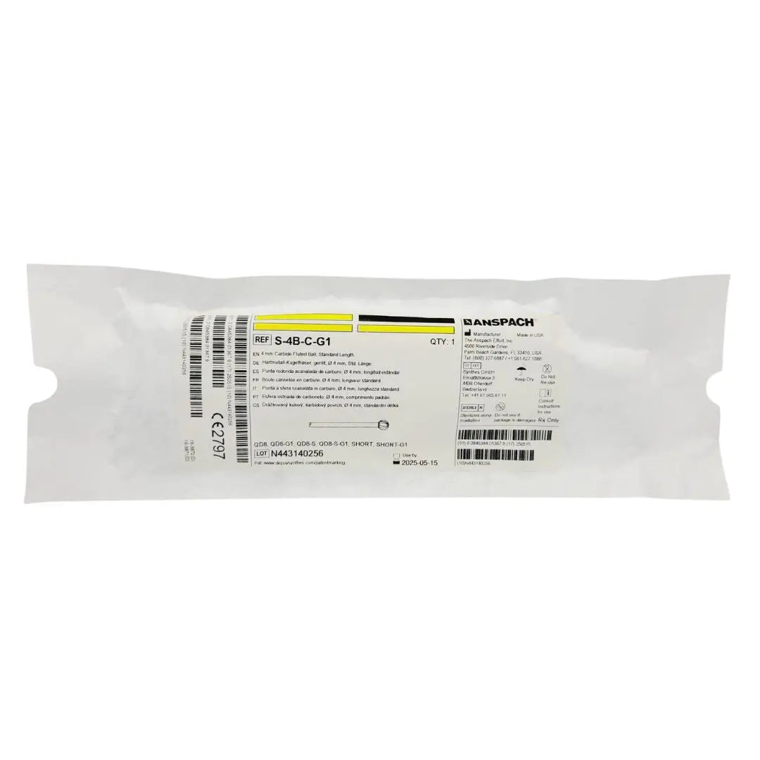 Synthes Anspach S-4B-C-G1 4mm Cutting Bur Carbide Fluted Edge, Ball Working End Synthes