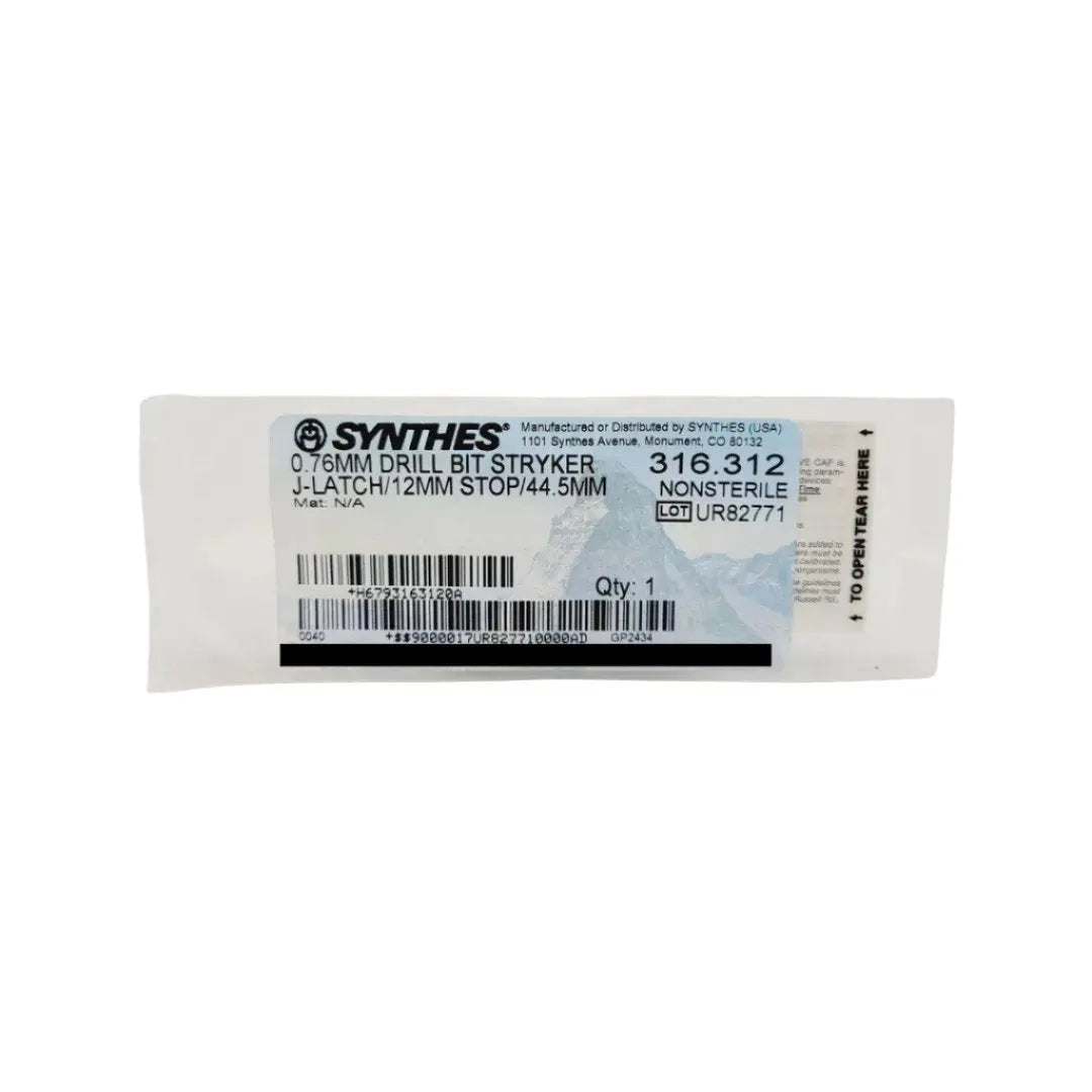 Synthes 316.312 Drill Bit 0.76mm Stryker J-Latch 12mm Stop Orthopedic 2" Synthes Stryker