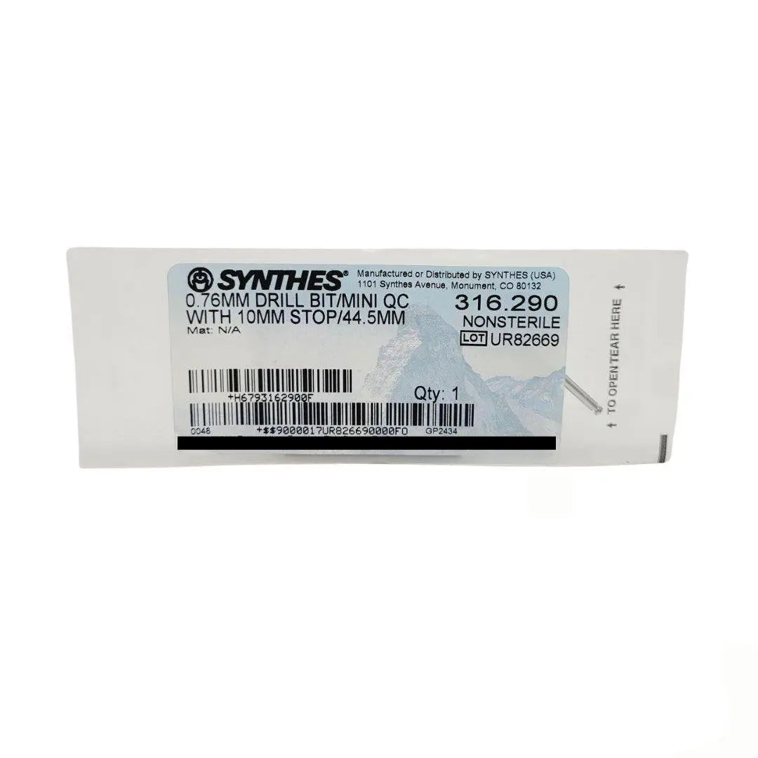 Synthes 316.290 Quick Connect Drill Bit 0.76mm w/ 10mm Stop Orthopedic 1-7/8" Synthes
