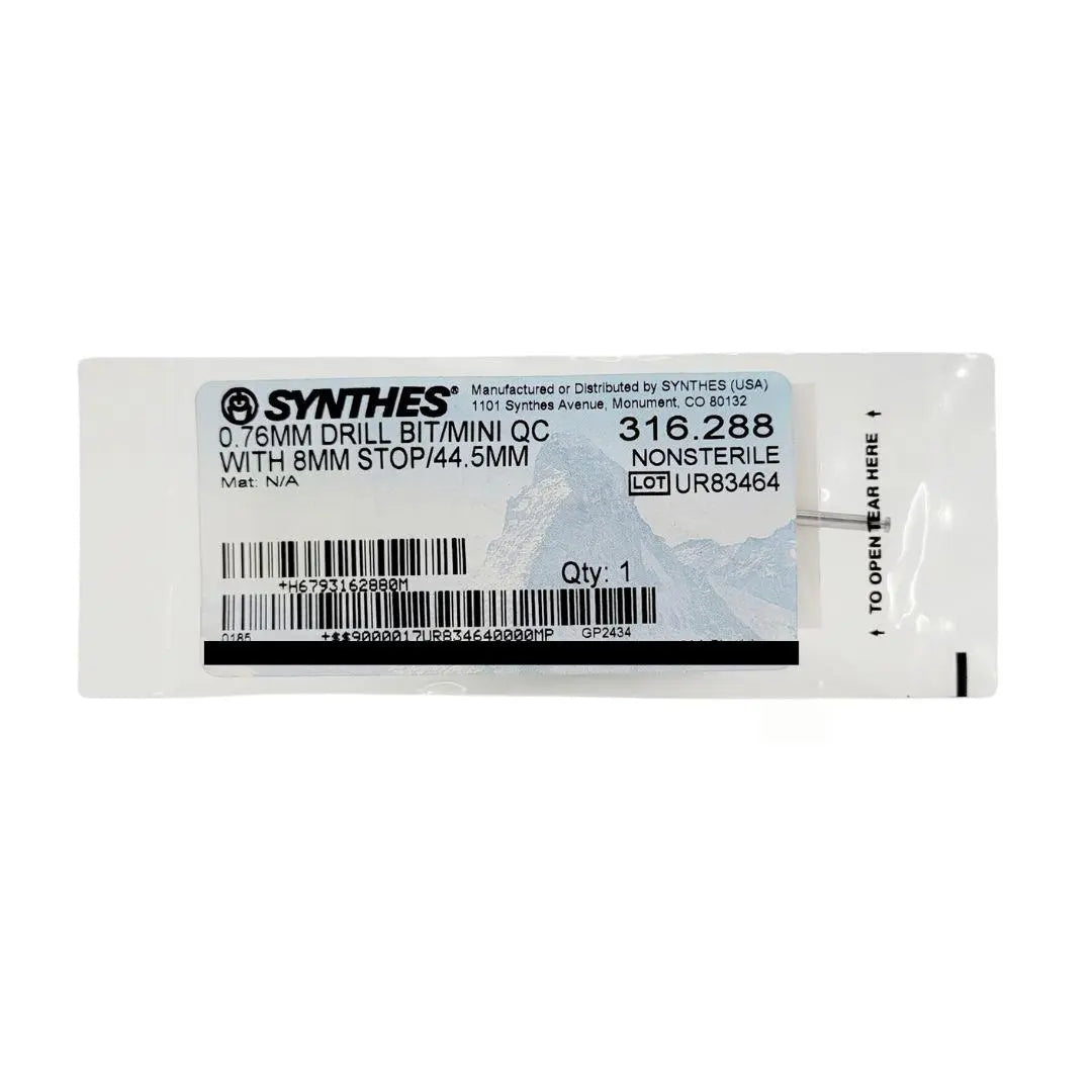 Synthes 316.288 Quick Connect Drill Bit 0.76mm Mini w/ 8mm Stop 1-3/4" New Primis Medical