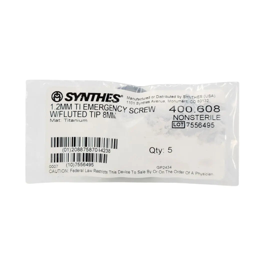 Synthes 400.608 1.2mm TI Emergency Screw w/Fluted Tip 8mm 5PK Synthes