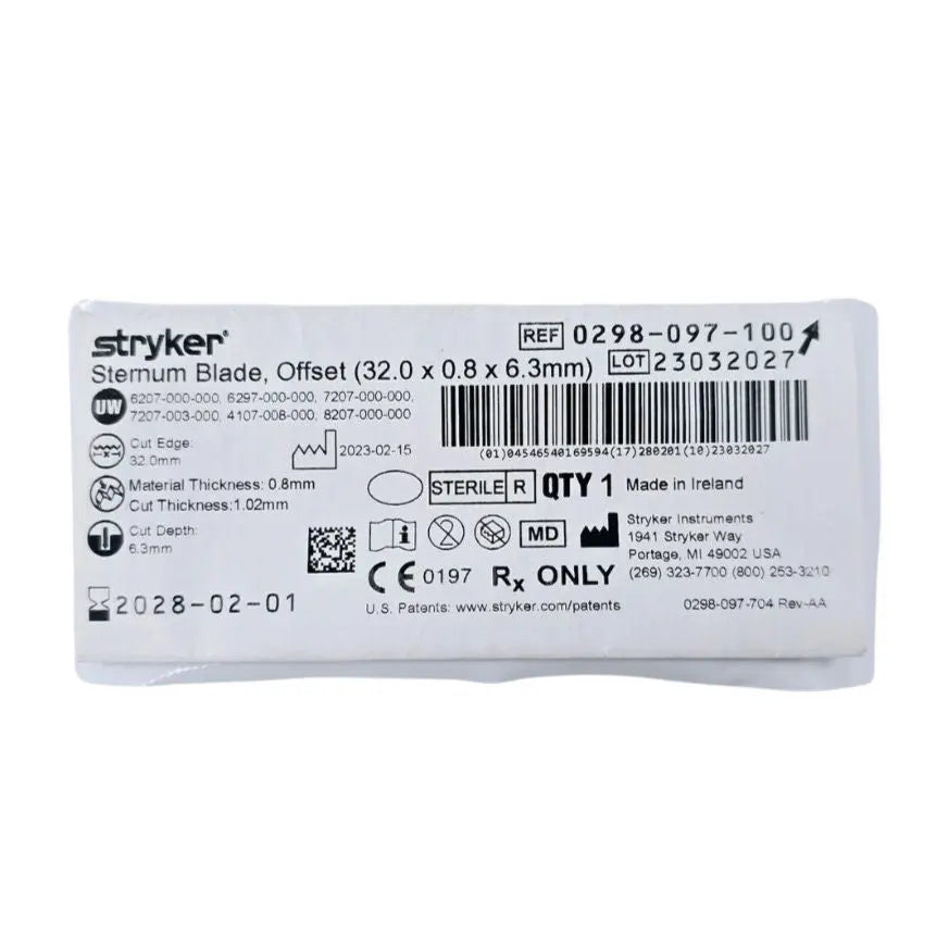Stryker 0298097100 Sternum Blade, Offset (32.0 X 0.8 X 6.3mm) Stryker