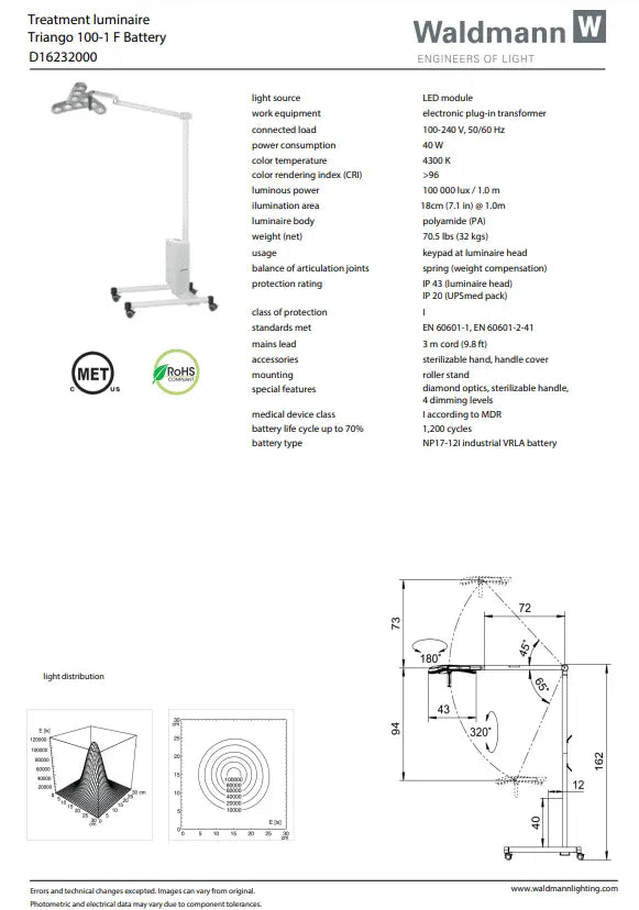 Waldmann TRIANGO LED 100-1 F Minor Procedure Light, battery, 100,000 lux/1M, 4300K, CRI >96, four dimming levels. With roller stand. Waldmann Lighting