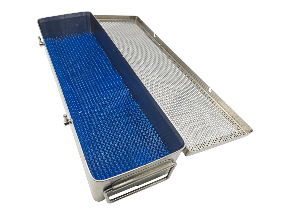 Stainless Steel Sterilization Tray 12x5x3” w/ Blue SiliconebLiner & Locking Lid Unbranded