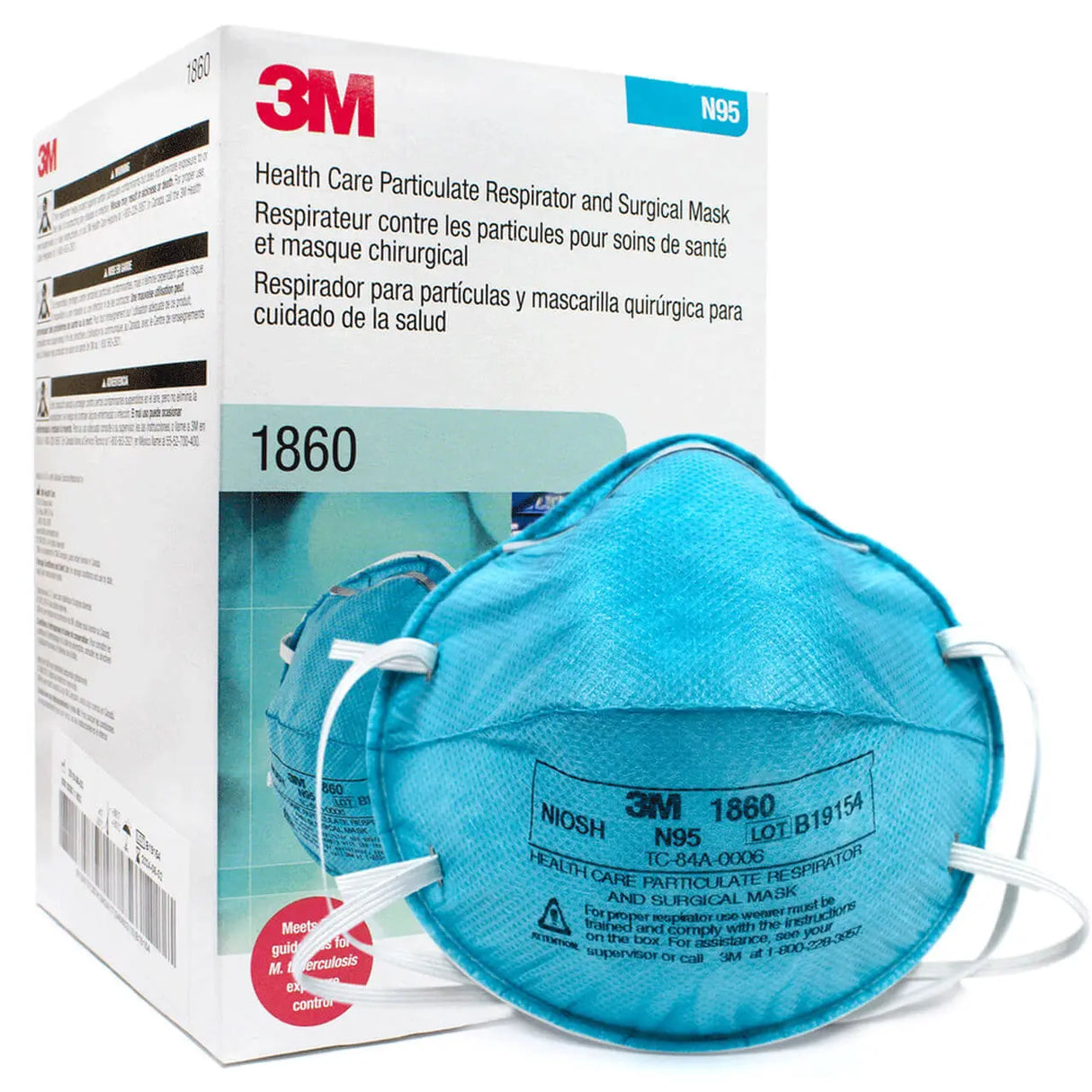 3M 1860 N95 Particulate Surgical Respirator Mask, Regular, Cup Style, Teal, Box of 20 3M