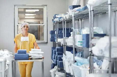 Selection of professional medical supplies including sterile gauze, clinical-grade gloves, and diagnostic testing accessories.