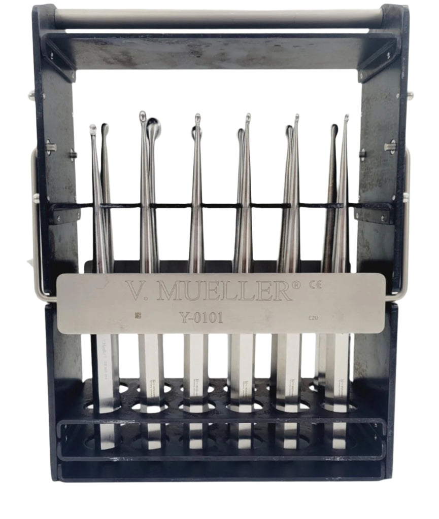 V Mueller Y-0101 Curette Set of 12 with Sterilization Rack Orthopedic