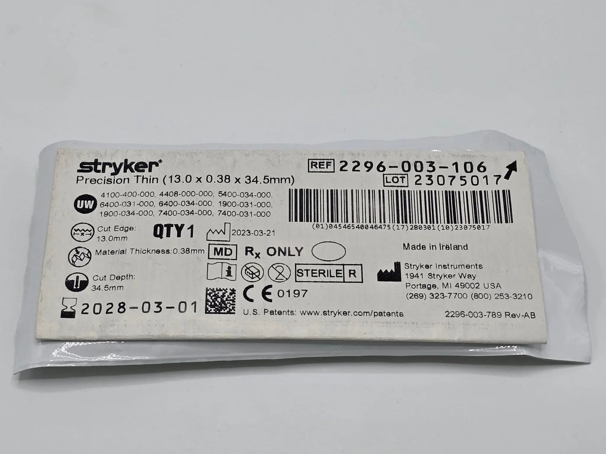 Stryker 2296-003-106 Precision Thin Blade 13.0 x 0.38 x 34.5mm Stryker