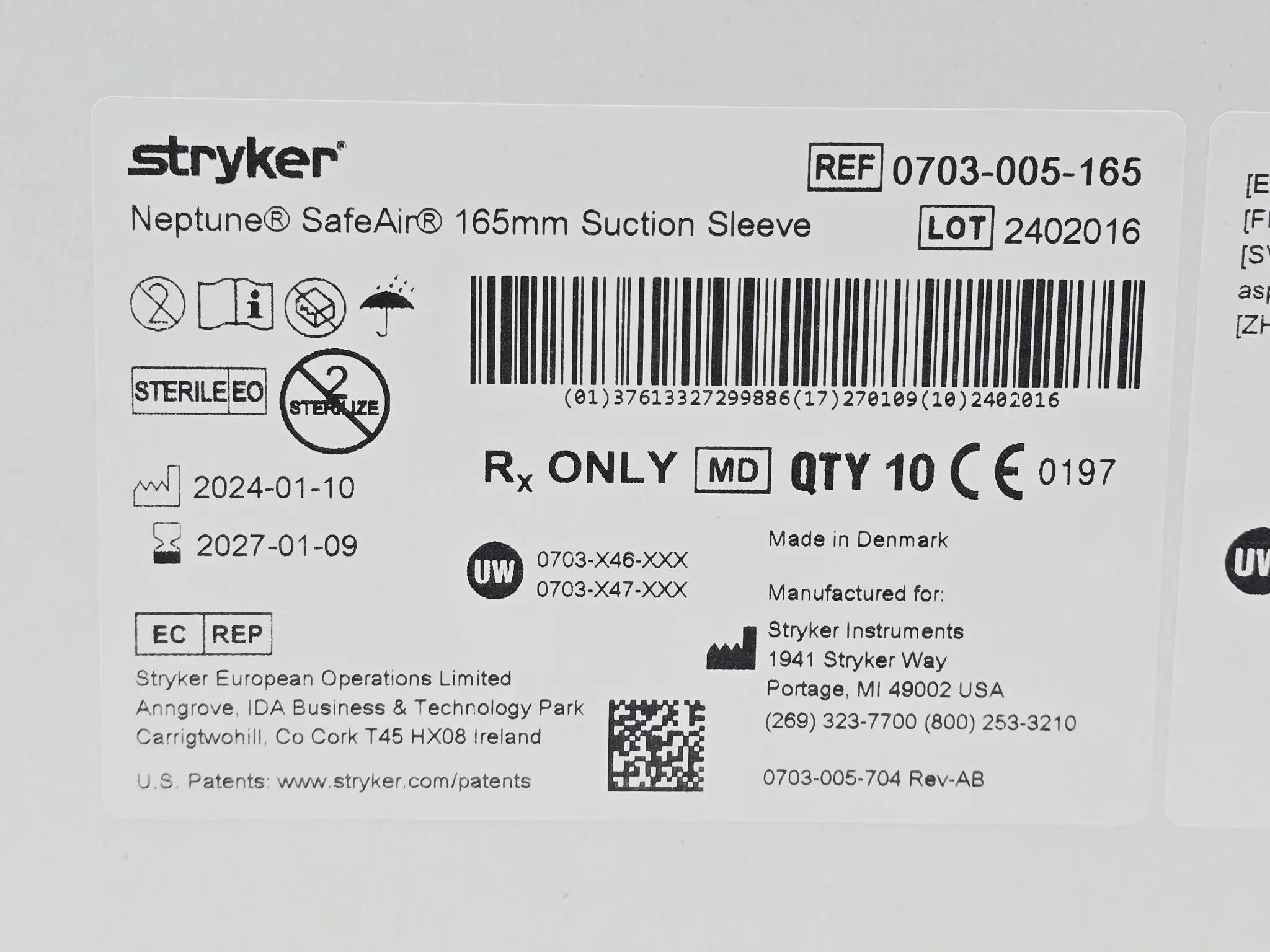 Stryker Neptune SafeAir 0703005165 Suction Sleeve 165mm NEW