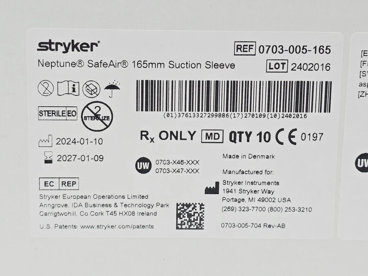 Stryker Neptune SafeAir 0703005165 Suction Sleeve 165mm NEW Primis Medical