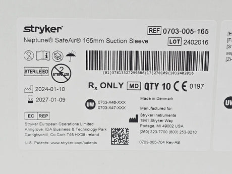 Stryker Neptune SafeAir 0703005165 Suction Sleeve 165mm NEW Primis Medical