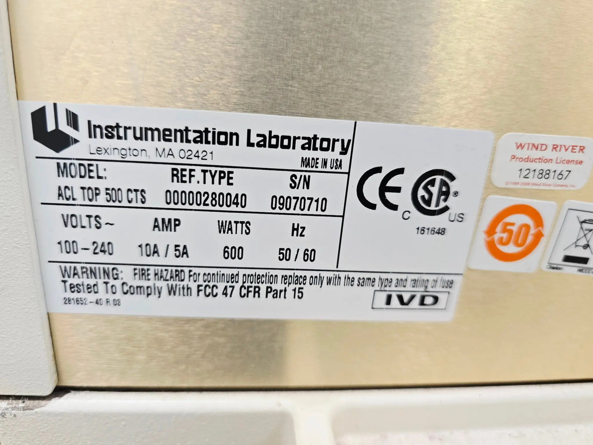 Instrumentation Laboratory ACL TOP CTS 500 Hemostasis Analyzer System w/ Monitor Primis Medical
