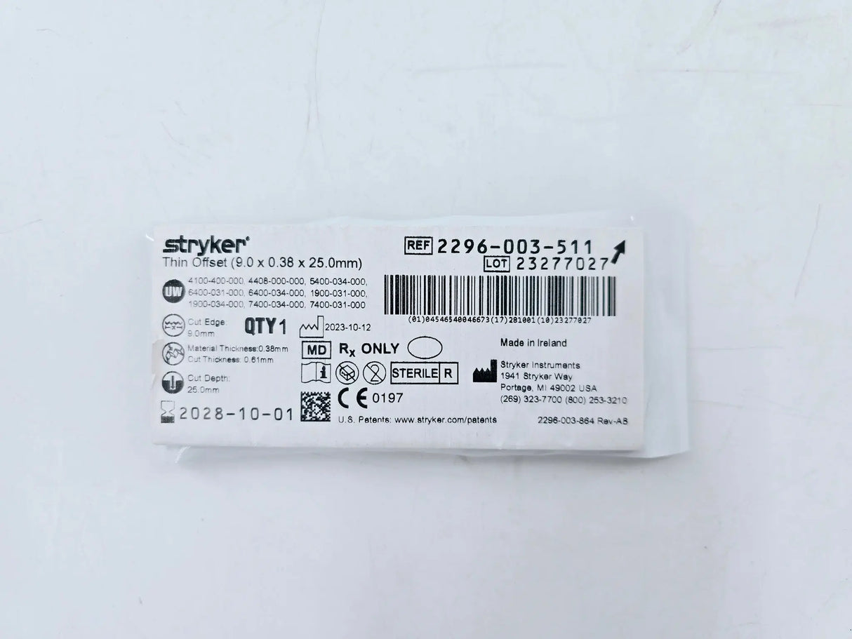 Stryker 2296-003-511 Thin Offset Sagittal Saw Blade 9.0 x .38 x 25mm Stryker