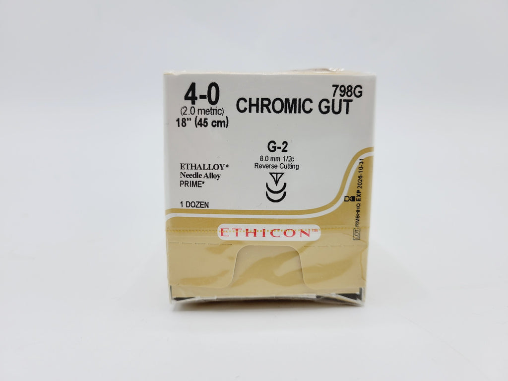 Ethicon CHROMIC GUT 798G 4-0 G-2 8mm Undyed Naturally Brown 18", Box of 12