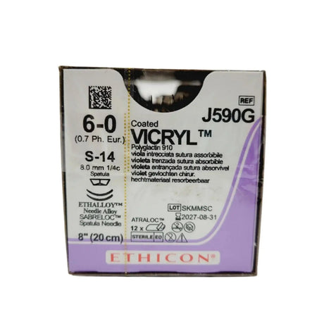 Ethicon J590G 6-0 COATED VICRYL VIOLET 1X8" S-14 DOUBLE ARMED, Box of 12 Ethicon