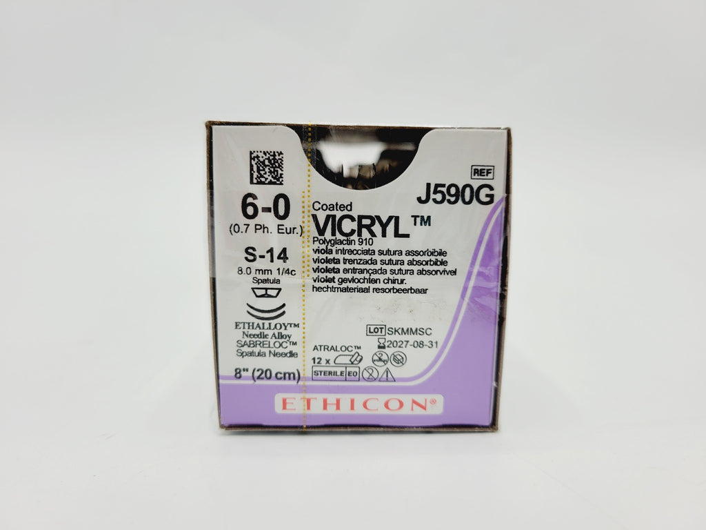 Ethicon J590G 6-0 COATED VICRYL VIOLET 1X8" S-14 DOUBLE ARMED, Box of 12