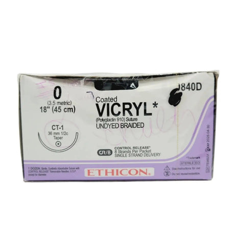 Ethicon J840D 0 COATED VICRYL 1X18" CT-1 UNDYED Box of 12 Ethicon