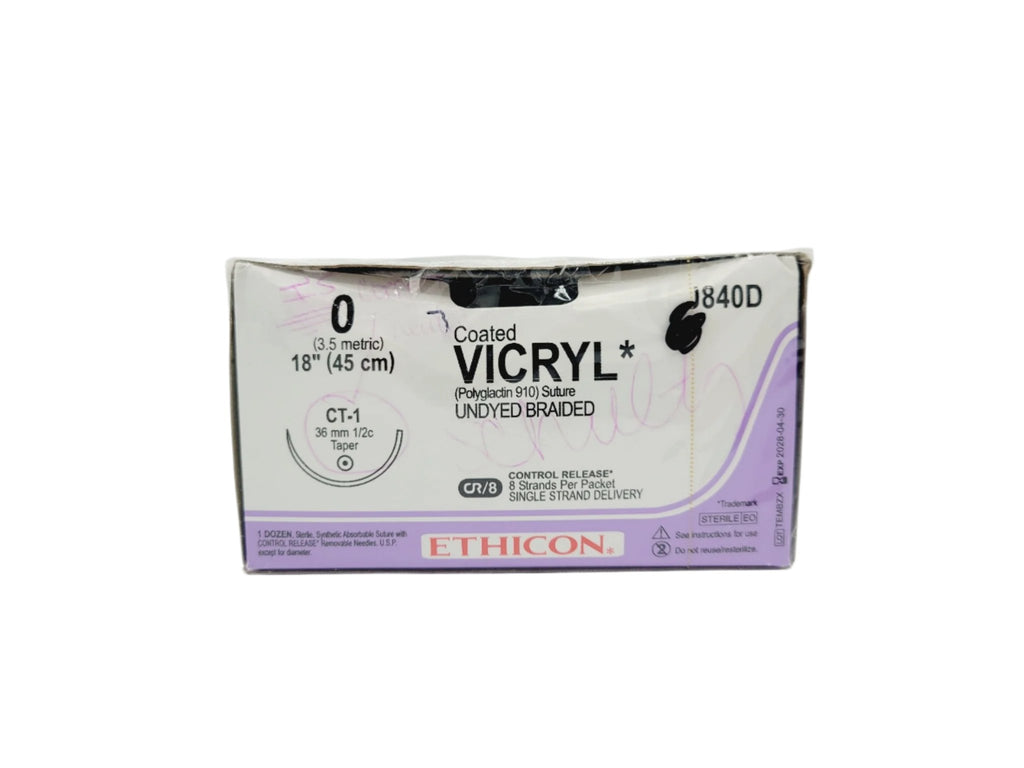 Ethicon J840D 0 COATED VICRYL 1X18" CT-1 UNDYED Box of 12