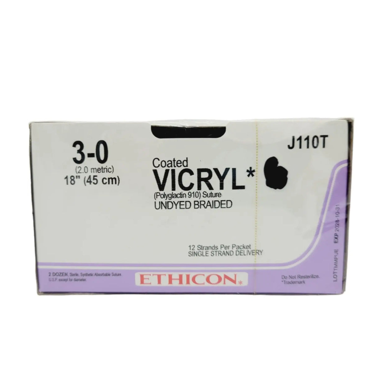 Ethicon J110T 3-0 COATED VICRYL UNDYED BRAIDED 1X18" Box of 24 Ethicon