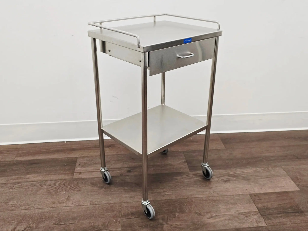 Pedigo SG-80-SS Stainless Steel Utility Cart w/ Shelf Drawer & Rail Primis Medical
