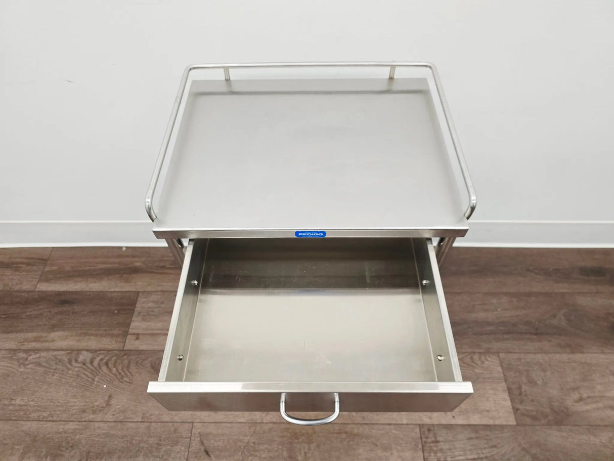 Pedigo SG-80-SS Stainless Steel Utility Cart w/ Shelf Drawer & Rail Primis Medical