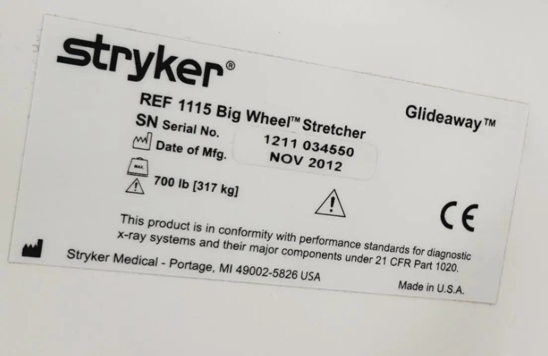 Stryker 1115 Glideaway Big Wheel Stretcher 700Lb Capacity w/ Pad Certified Stryker