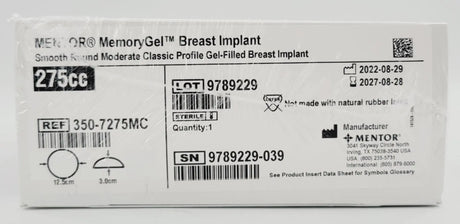 Mentor 350-7275MC Memory Gel Moderate Classic Breast Implant 275cc Mentor