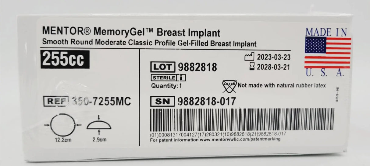 Mentor 350-7255MC Memory Gel Moderate Classic Breast Implant 255cc Mentor