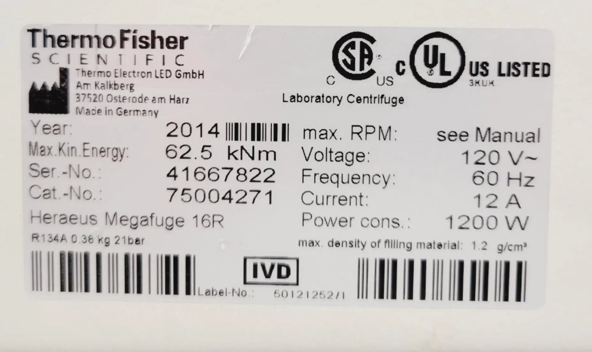 Thermo Fisher Scientific Heraeus Megafuge 16R Refrigerated Benchtop Centrifuge 75004271 Thermo Fisher Scientific
