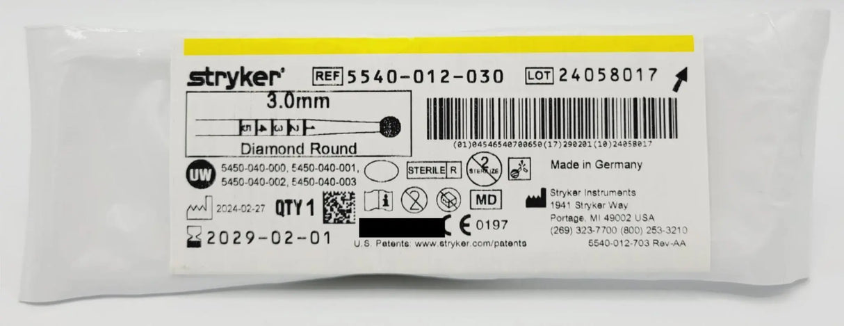 Stryker 5540-012-030 Diamond Round Bur 3.0mm Orthopedic Stryker