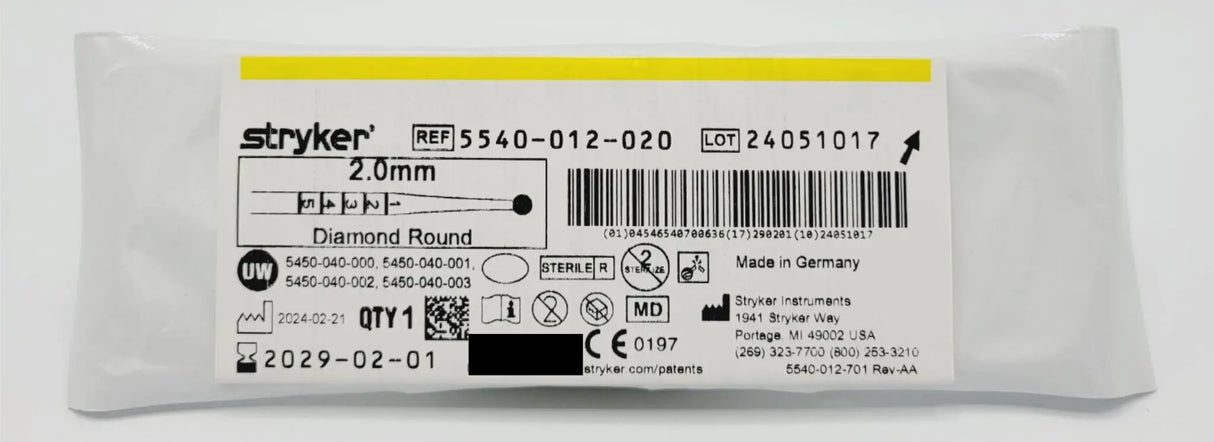 Stryker 5540-012-020 Diamond Round Bur 2.0mm Orthopedic Stryker