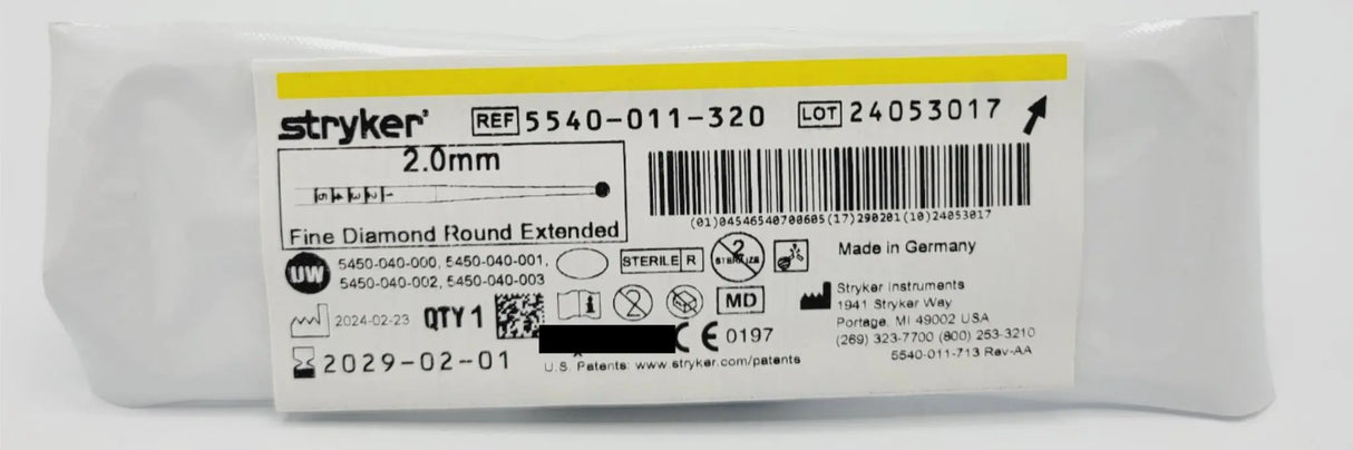 Stryker 5540-011-320 Fine Diamond Round Extended Bur 2.0mm Orthopedic Stryker