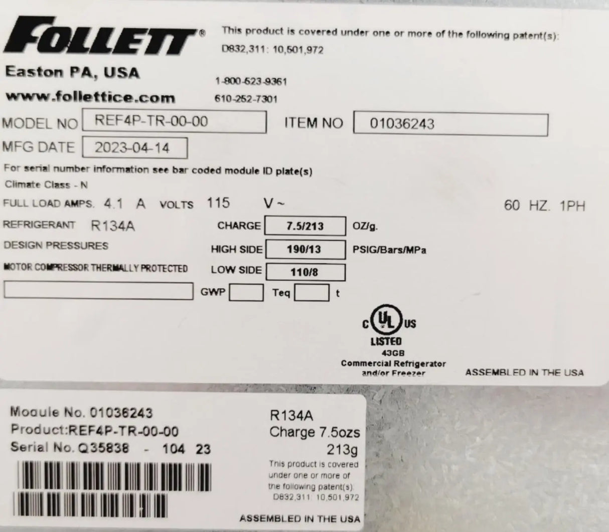 Follett Performance Plus REF4P-TR-00-00 Undercounter Refrigerator DEMO Follett