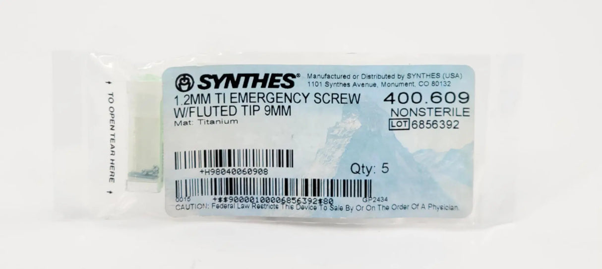 Synthes 400.609 1.2mm TI Emergency Screw w/Fluted Tip 9mm 5 PK Synthes