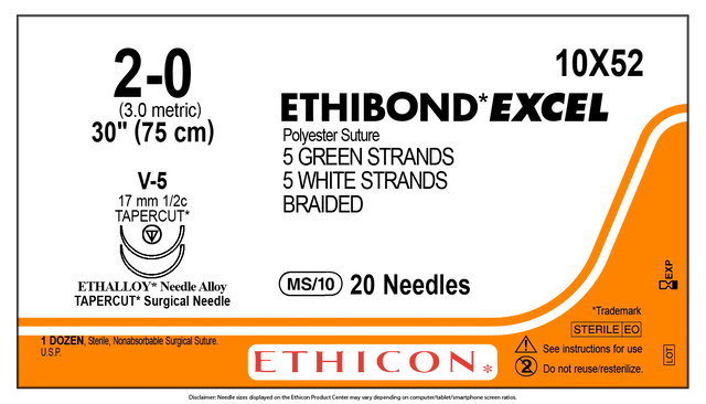 Ethicon Ethibond 10X52N Suture - Size 2-0, 10 x 30", Green Braided Polyester, V-5 Needle (Box of 20) Ethicon