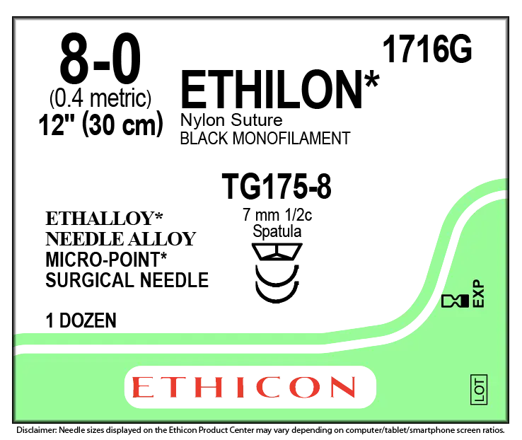 Ethicon Ethilon 1716G Suture - Black Nylon Monofilament, Nonabsorbable (Box of 12) Ethicon