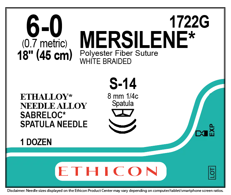 Ethicon Mersilene 1722G Suture - Size 6-0, White Braided Polyester, S-14 Needle (Box of 12) Ethicon