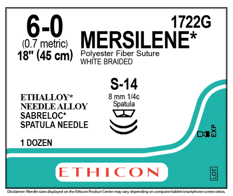 Ethicon Mersilene 1722G Suture - Size 6-0, White Braided Polyester, S-14 Needle (Box of 12) Ethicon