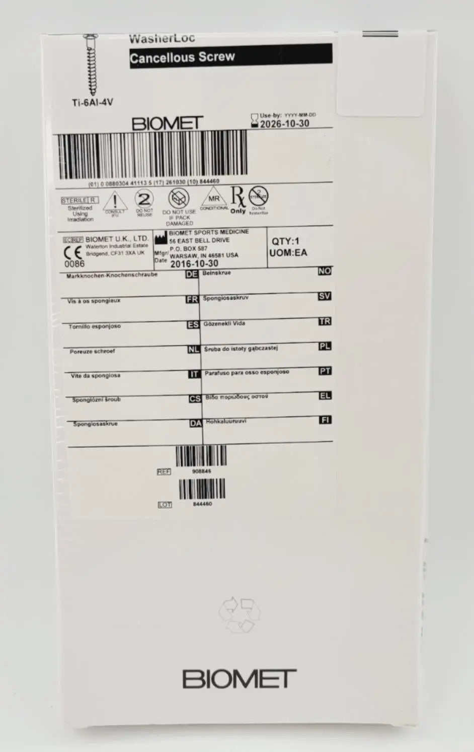 Biomet 908846 Ti-6AI-4V WasherLoc Cancellous Screw 6mm x 46mm Biomet