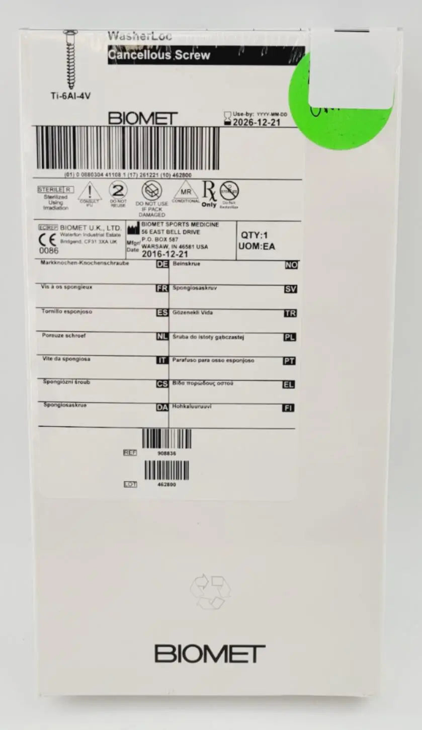 Biomet 908836 Ti-6AI-4V WasherLoc Cancellous Screw 6mm x 36mm Biomet