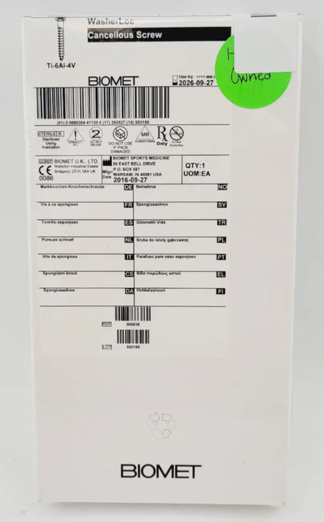 Biomet 908838 Ti-6AI-4V WasherLoc Cancellous Screw 6mm x 38mm Biomet