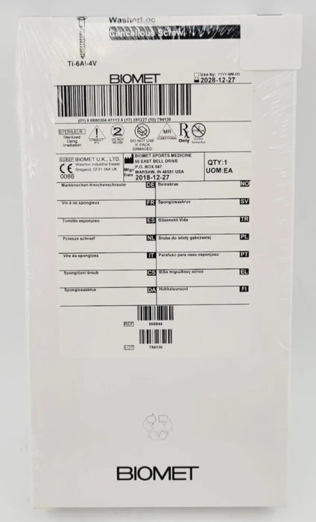 Biomet 908844 Ti-6AI-4V WasherLoc Cancellous Screw 6mm x 44mm Biomet