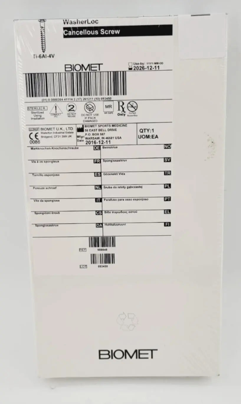Biomet 908848 Ti-6AI-4V WasherLoc Cancellous Screw 6mm x 48mm Biomet