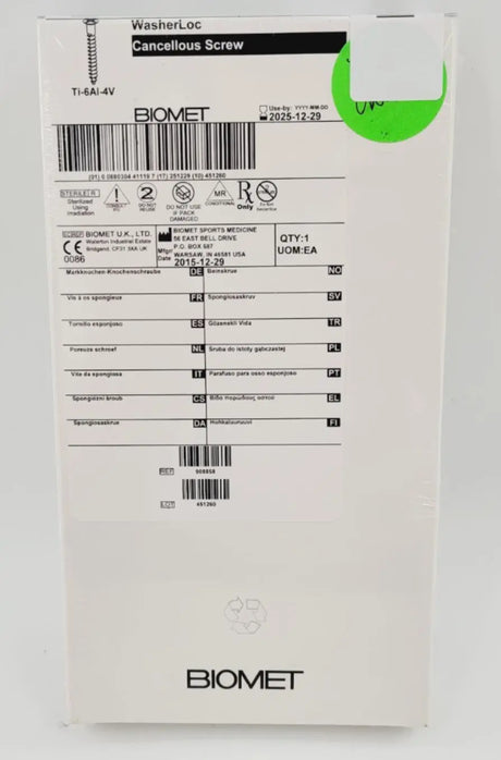 Biomet 908858 Ti-6Al-4V WasherLoc Cancellous Screw 6mm x 58mm Biomet