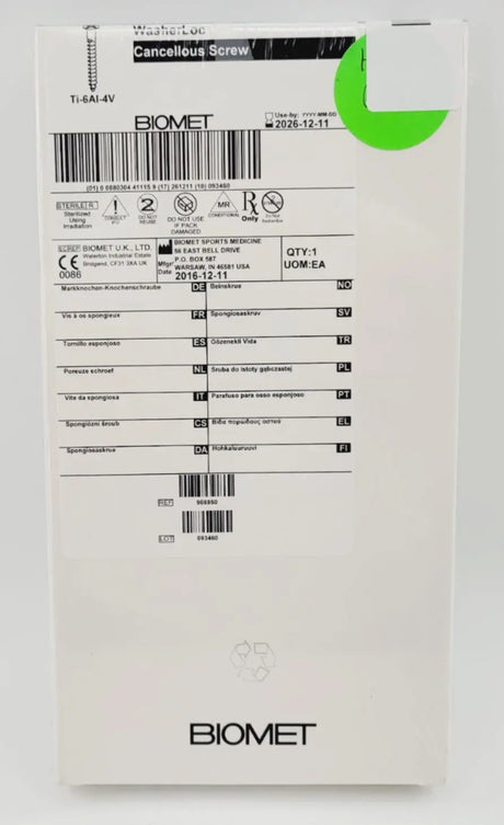 Biomet 908850 Ti-6AI-4V WasherLoc Cancellous Screw 6mm x 50mm Biomet
