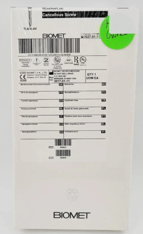 Biomet 908832 Ti-6AI-4V WasherLoc Cancellous Screw 6mm x 32mm Biomet