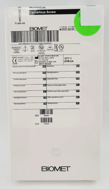 Biomet 908834 Ti-6AI-4V WasherLoc Cancellous Screw 6mm x 34mm Biomet